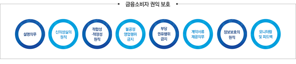 금융소비자 권익보호에는 설명의무, 신의성실의 원칙, 적합성·적정성 원칙, 불공정영업행위 금지, 부당권유행위 금지, 계약서류 제공의무, 정보보호의 원칙, 모니터링 및 피드백이 있습니다.