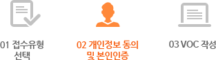 Q&A 접수는 3단계로 진행되며 1단계 접수유형 선택, 2단계 개인정보 취급방침 동의 및 본인인증, 3단계 칭찬/불만/제안 하기로 이루어져있으며 현재 페이지는 2단계 개인정보 취급방침 동의 및 본인인증 단계입니다.